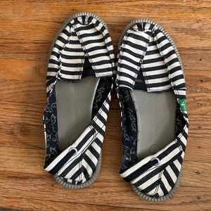 Sanuk Black & White Striped Canvas Slip-Ons